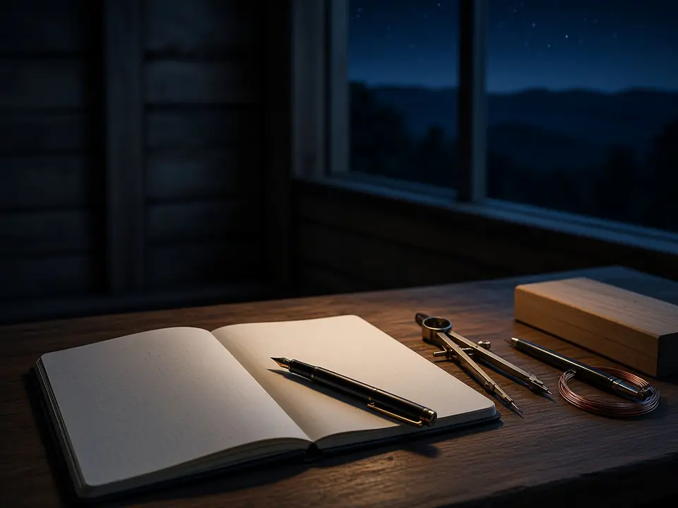 Blank notebook, fountain pen and brass drafting tools on a walnut workbench at night