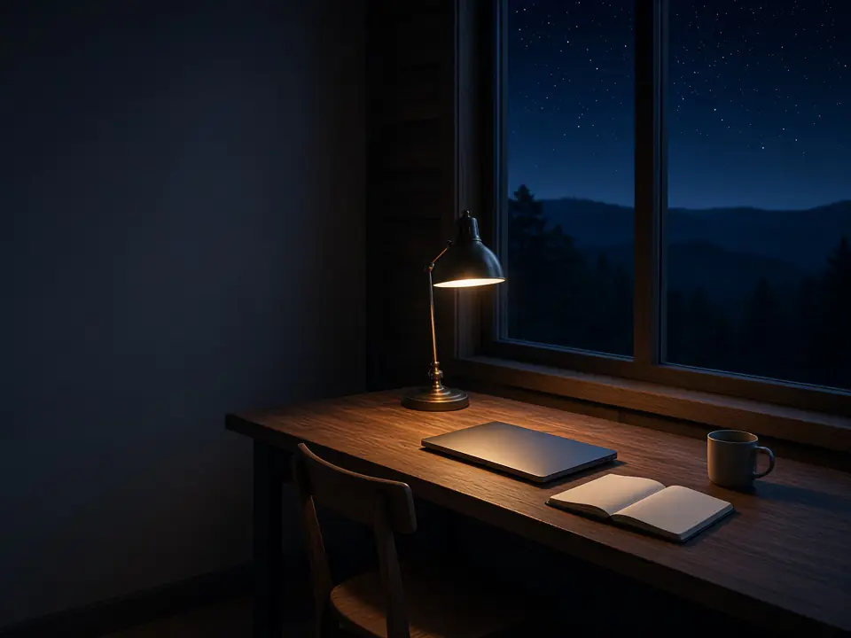 Inside a timber studio at night: walnut desk, brass lamp and closed laptop beneath a window facing the mountains