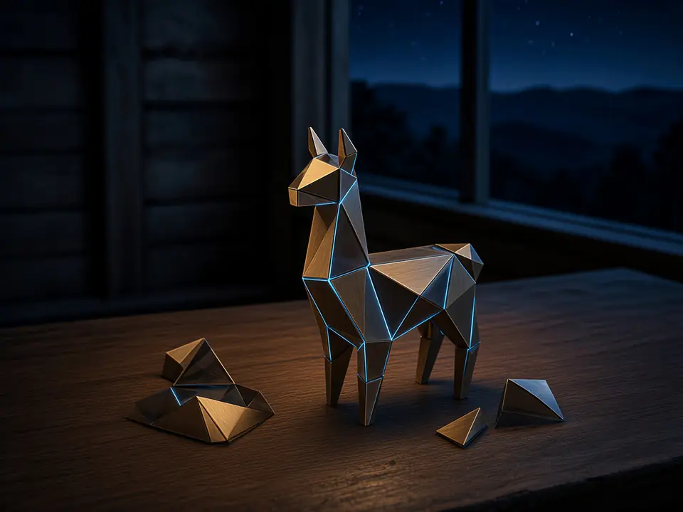 Faceted brass-and-glass llama sculpture with light glowing along its seams