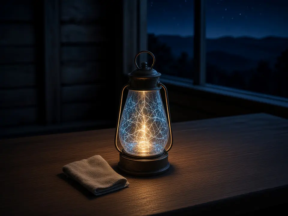 Glass lantern holding a glowing blue network of light filaments