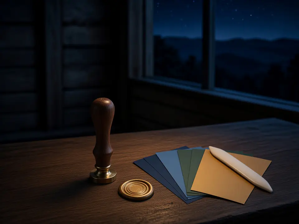 Brass seal stamp, gold wax seal and brand color swatches on a walnut workbench