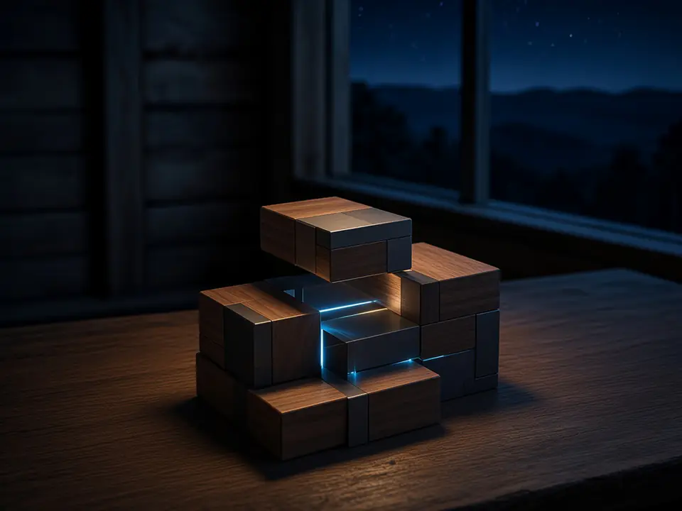 Machined aluminum and walnut blocks assembled into a modular structure, blue light glowing from the seams
