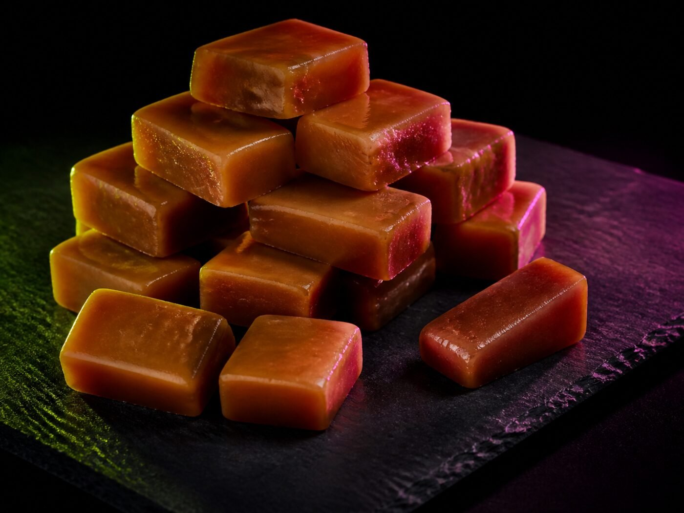 Studio shot of caramel taffy chews