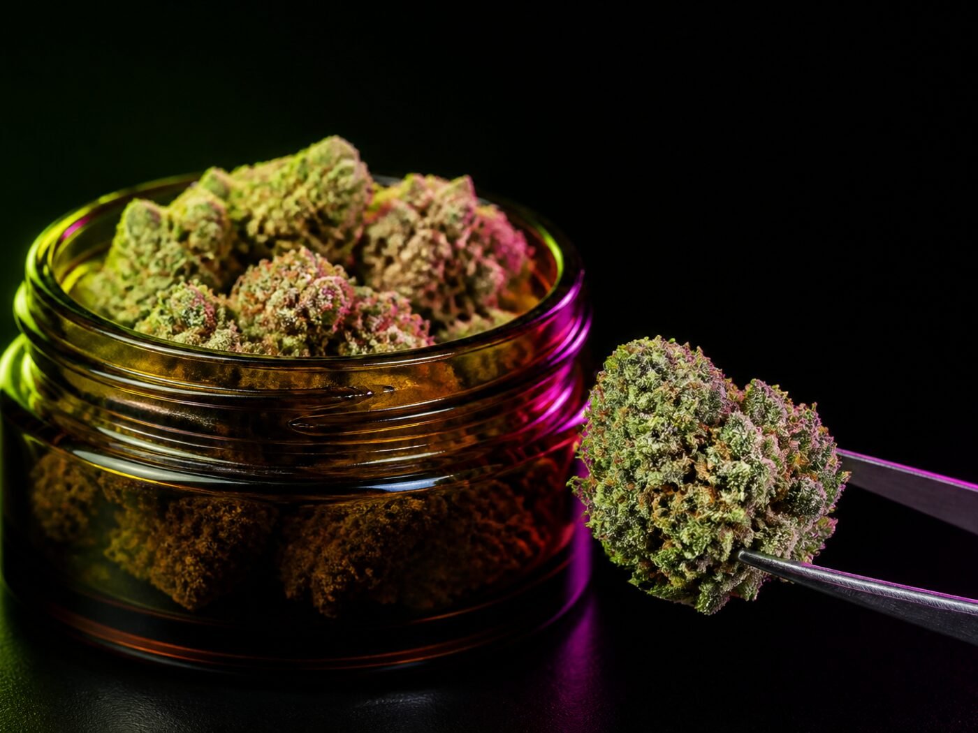Studio shot of frosty nugs in an amber jar