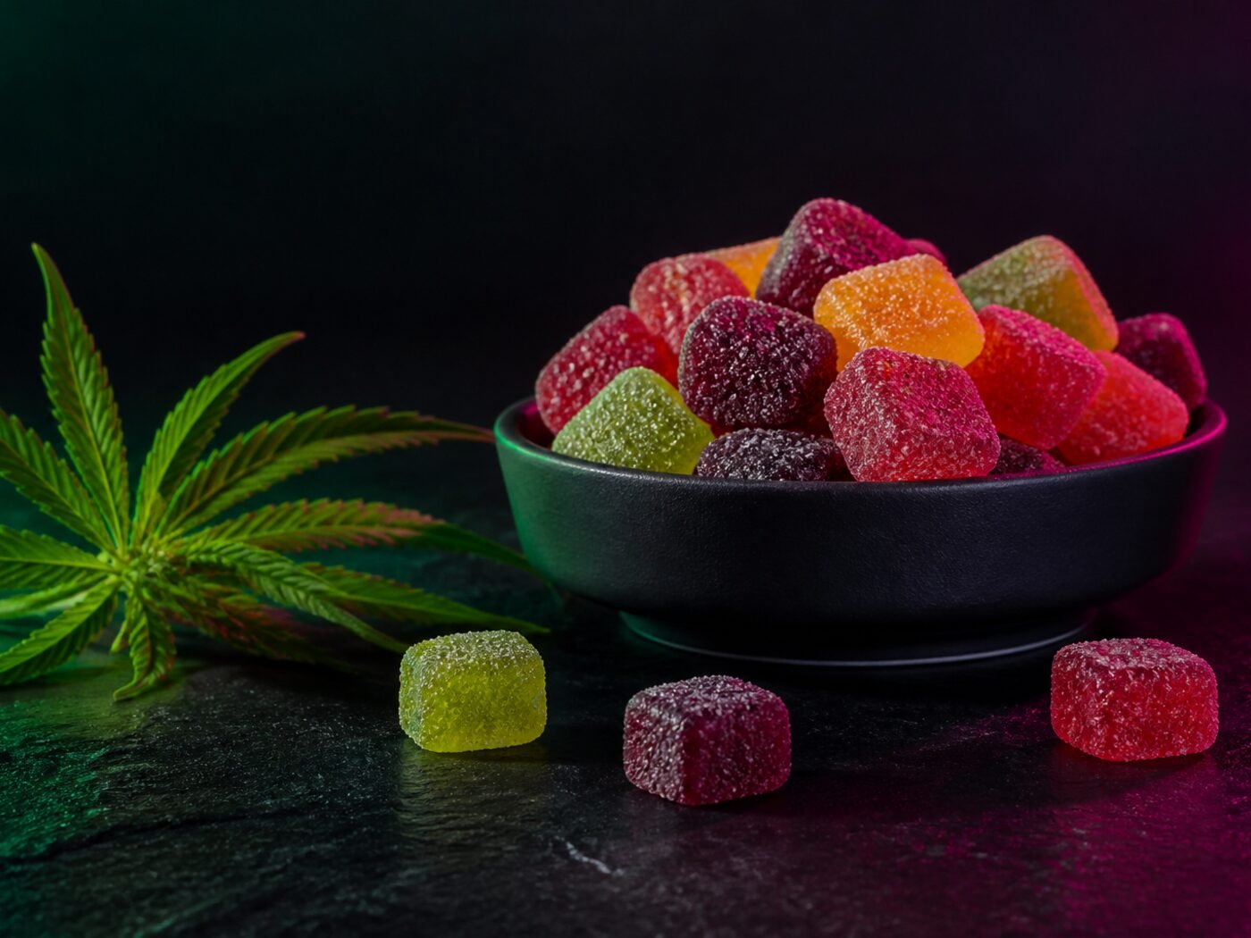 Studio shot of jewel-tone gummies in a black dish